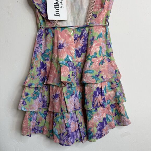 Indikah Angel Biba Womens XS Tiered Ruffle Open Back Colorful Floral Mini Dress - Picture 8 of 16